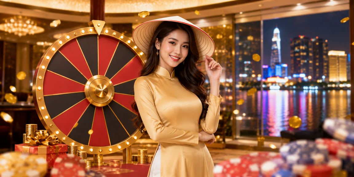 Không gian live casino hiện đại tại TP Hồ Chí Minh với bàn roulette và nón lá truyền thống